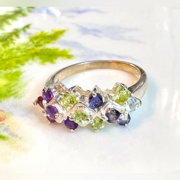 Tanzanite|Topaz|Peridot|Amethyst|Garnet Sterling Silver Cluster Ring - Picture 5 of 8